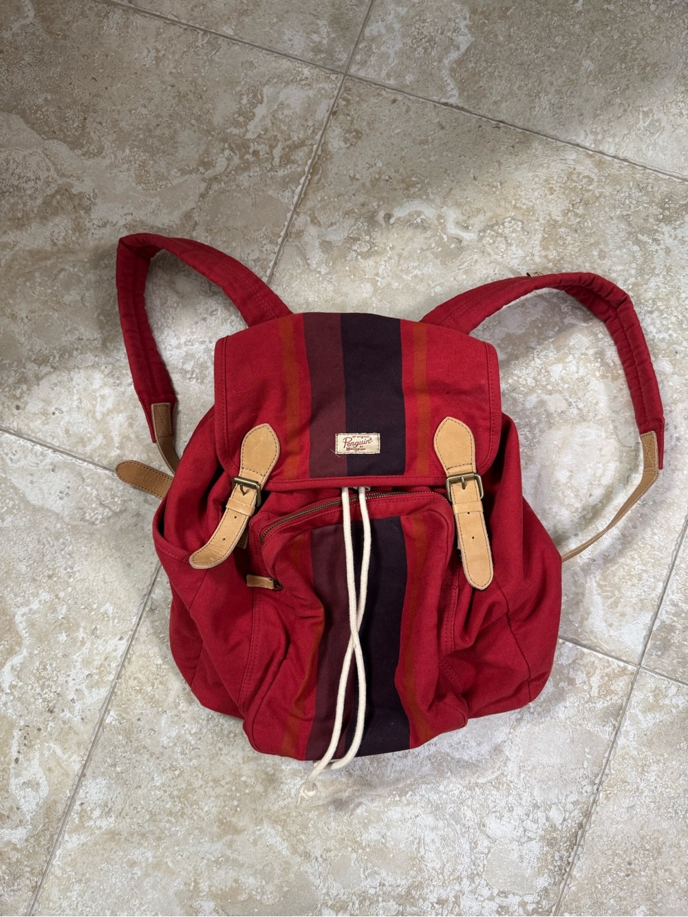 Red Canvas Stripe Drawstring Backpack